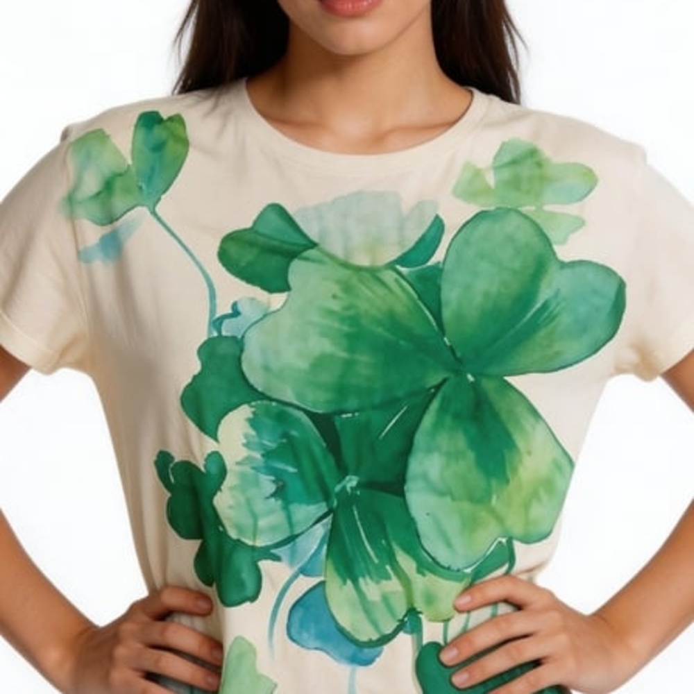 White Tee with Large Green Clover Print